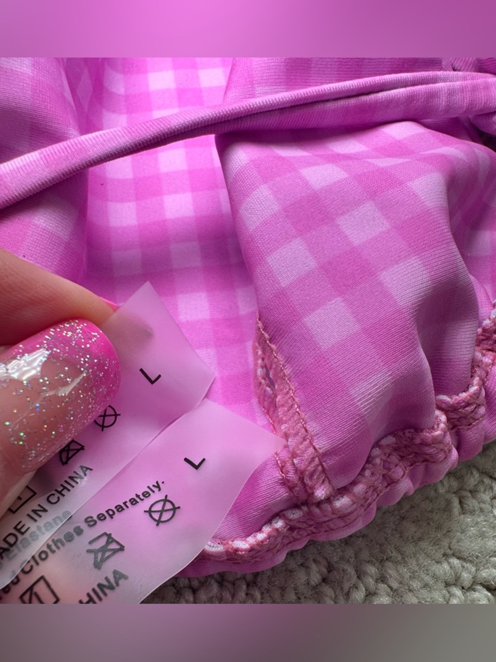 NWOT 3 Piece Bikini Bundle Gingham Check High Cut Triangle Swim‎ Pink Red Blue L - Picture 8 of 10